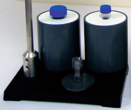 Close up view of the EpiShear Cooled Sonication Platform's support stand base and rod adapter