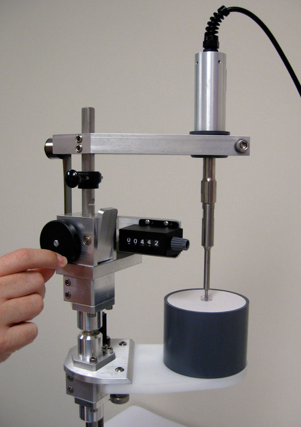 Close up of the EpiShear Cooled Sonication Platform crank and height counter