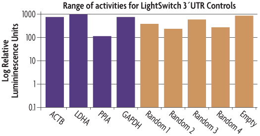 Diagram depicting the luciferase activity of the positive and negative LightSwitch 3´UTR Controls