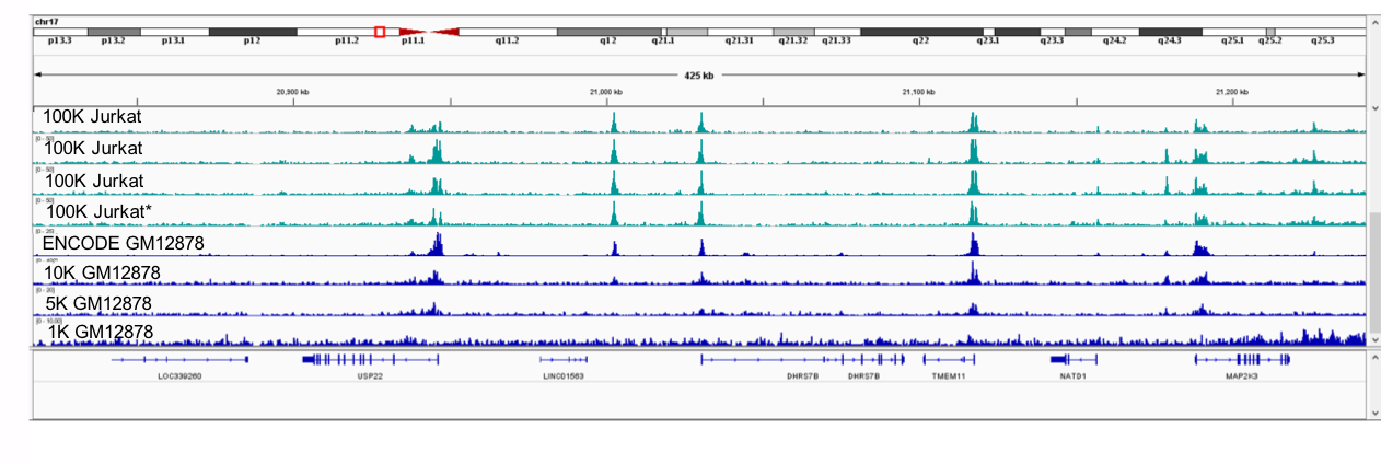 ChIP-Seq Peaks from Positive Control Samples in the Low Cell Optimization Module