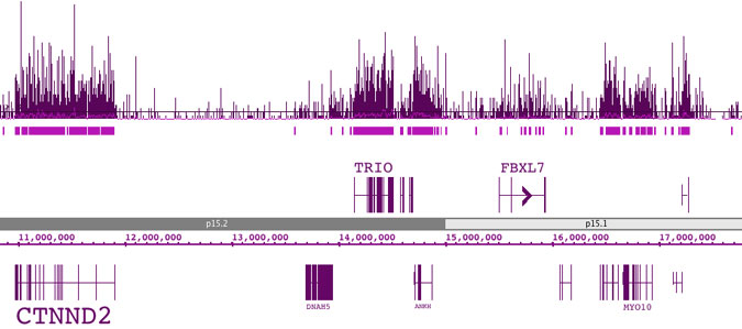 hMeDIP-Seq data generated by Active Motif Epigenetic Services maps 5-hmC enrichment across several gene bodies in an 8 Mb region on chromosome 5