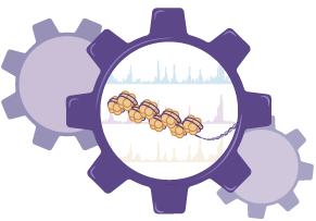 Three gears with decorative charts inside the larger center gear.